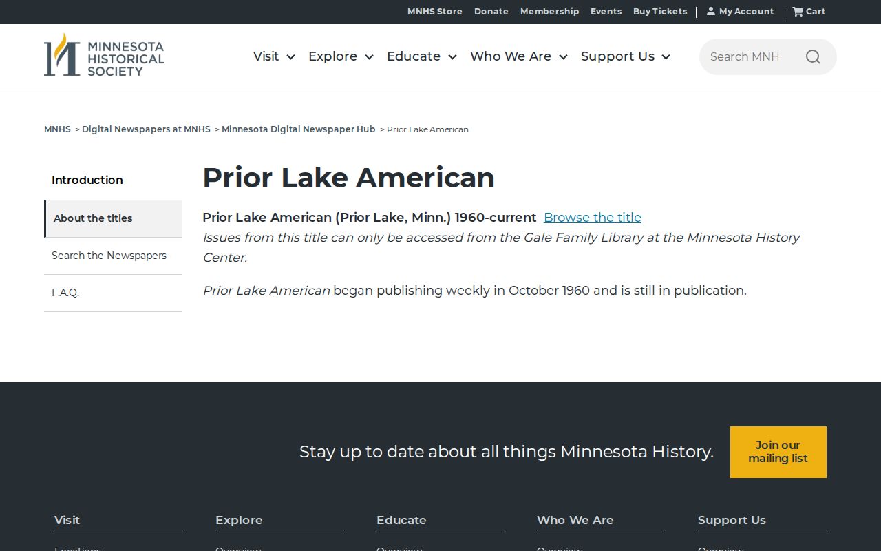 Minnesota Historical Society Prior Lake American newspaper access information