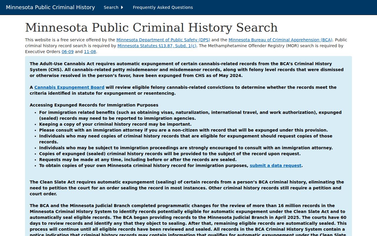 Prior Lake resident lookup view of Minnesota BCA public criminal-history search options