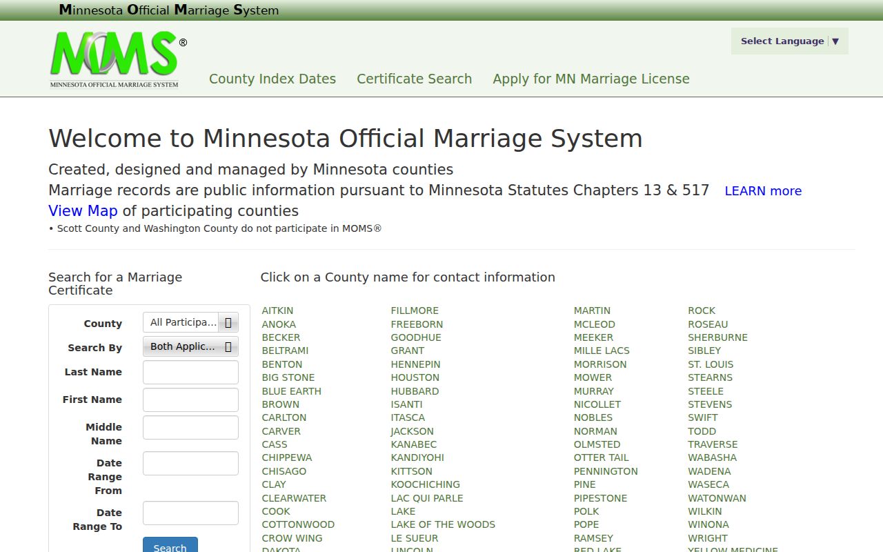 Prior Lake resident lookup view of the Minnesota Official Marriage System search form