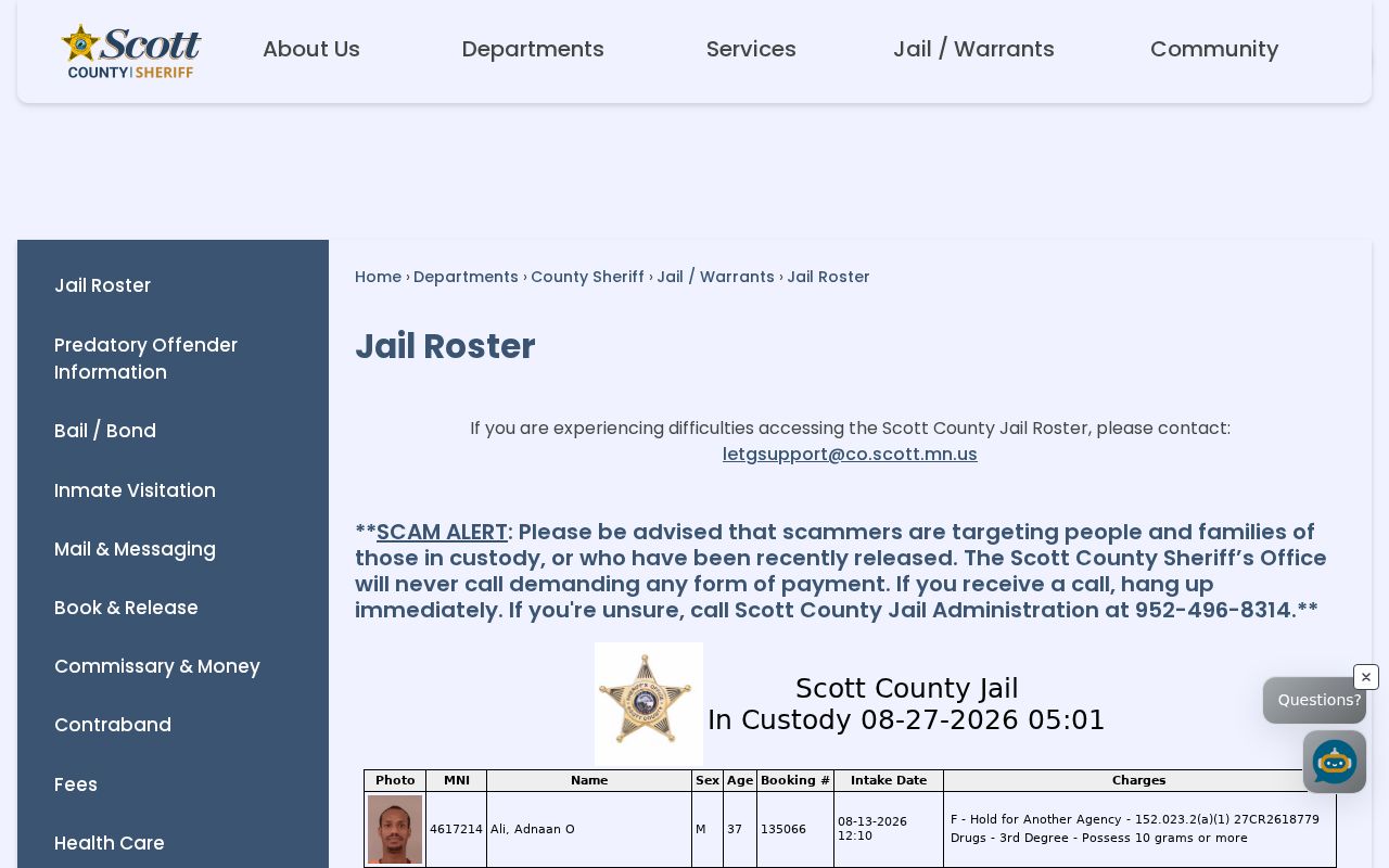 Prior Lake resident lookup view of the Scott County Jail Roster entry page