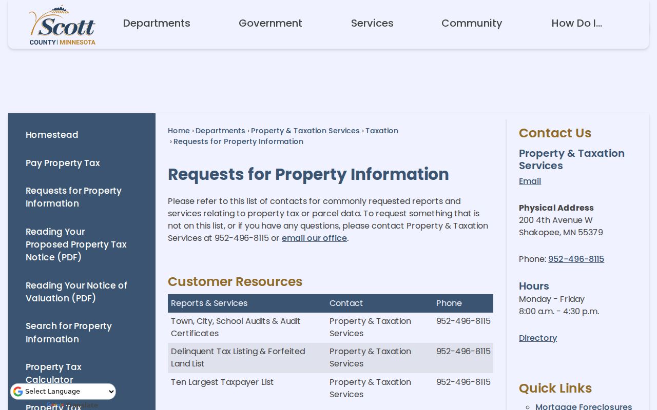 Prior Lake street directory historical tax and parcel-data request options