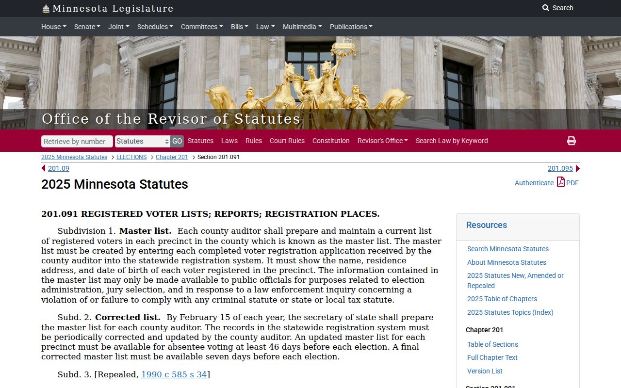 Minnesota voter-data statute page covering public fields and withholding rules